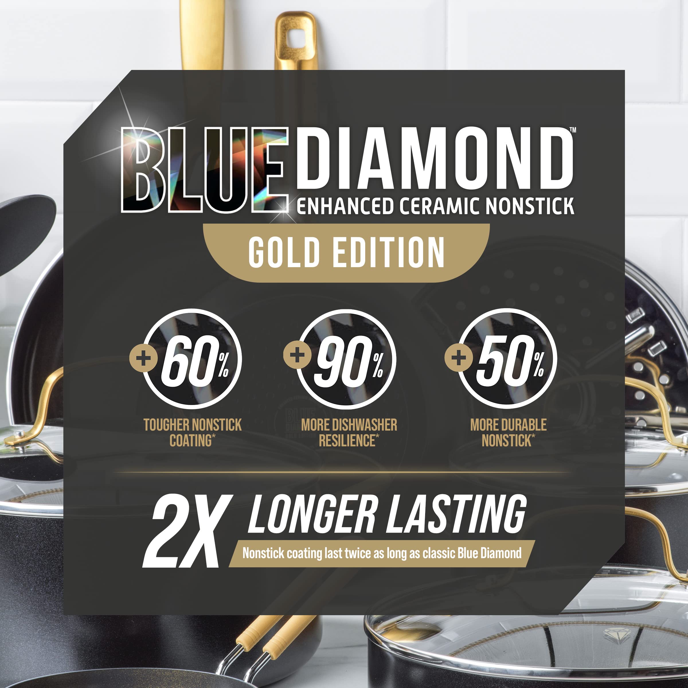 Blue Diamond Gold 14 Piece Cookware Set,Ceramic Nonstick, PFOA Free, Induction Suitable, Dishwasher Safe, Gold Handle, Black