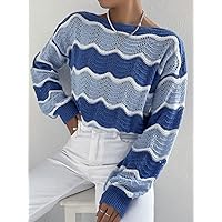 Chevron Pattern Drop Shoulder Pointelle Knit Sweater (Color : Blue, Size : Medium)