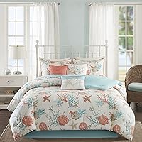 Madison Park 100% Cotton Comforter Set - Coastal Coral, Starfish Design All Season Down Alternative Cozy Bedding with Matching Shams, Decorative Pillow, California King(104