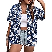 IN'VOLAND Women's Plus Size Hawaiian Shirts Short Sleeve Casual Floral Button Down Shirt Tropical Beach Blouse Summer Top