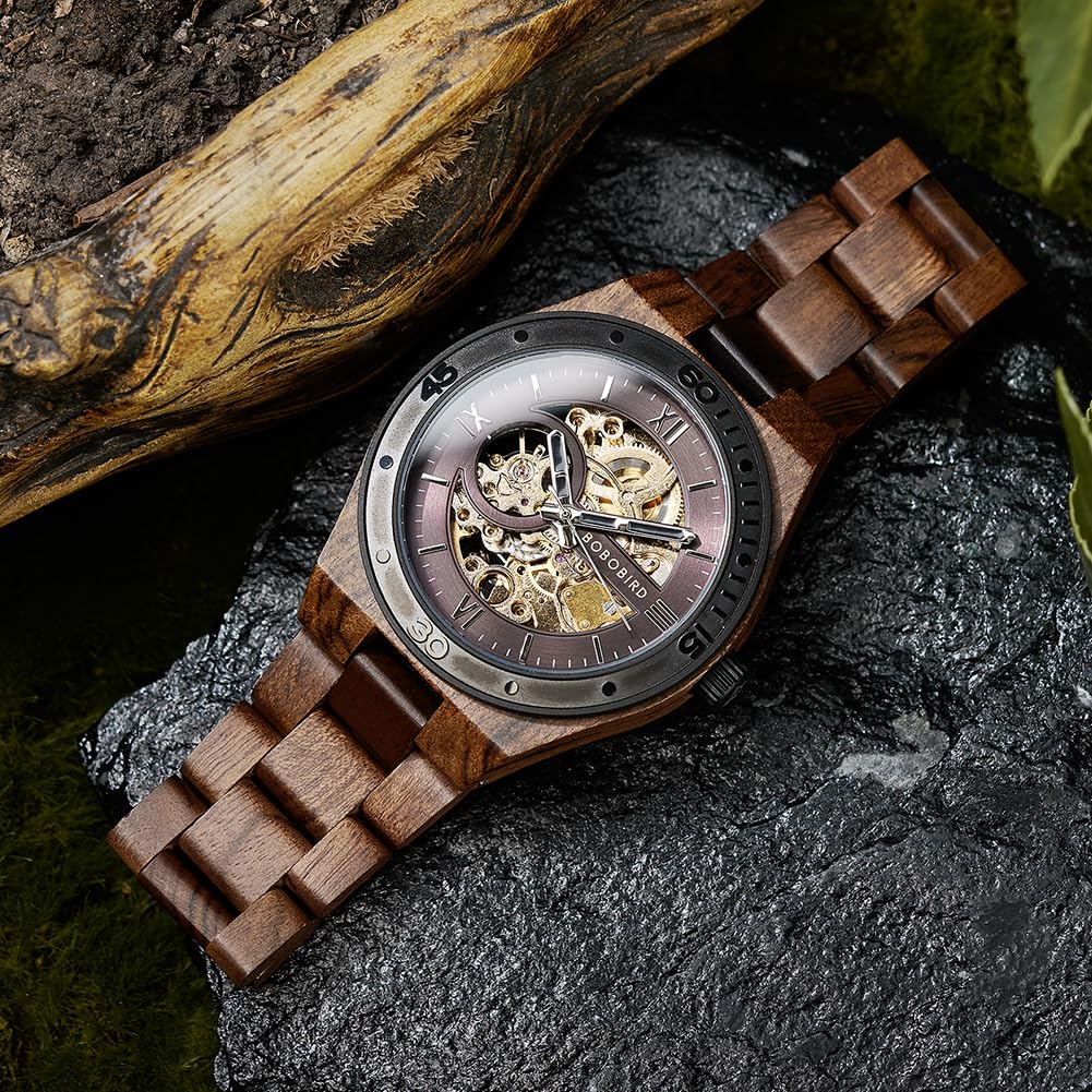 2win Herren Uhren Luxus Mechanisches Holzgehäuse Skelett Automatikwerk Selbstaufzug Leichte Echt Naturholz Band Armbanduhr