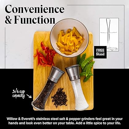 Willow & Everett Salt and Pepper Grinder Set - Stainless Steel Refillable Salt & Peppercorn Shakers