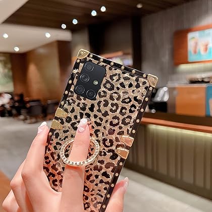 PHOQOYO for Galaxy A71 Shockproof Case with Ring Support for Women,Luxury Cheetah Print Square Metal Edge Retro Anti-Slip Cover for Samsung Galaxy A71 5G 2020(Leopard Skin Pattern)