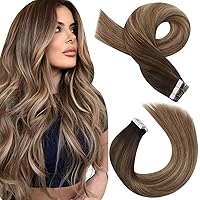Moresoo Ombre Tape in Hair Extensions Human Hair Balayage Hair Extensions Dark Brown to Brown Mix with Blonde Hair Extensions Real Human Hair Tape in Blonde Hair 16 Inch #4/10/16 20pcs 50g