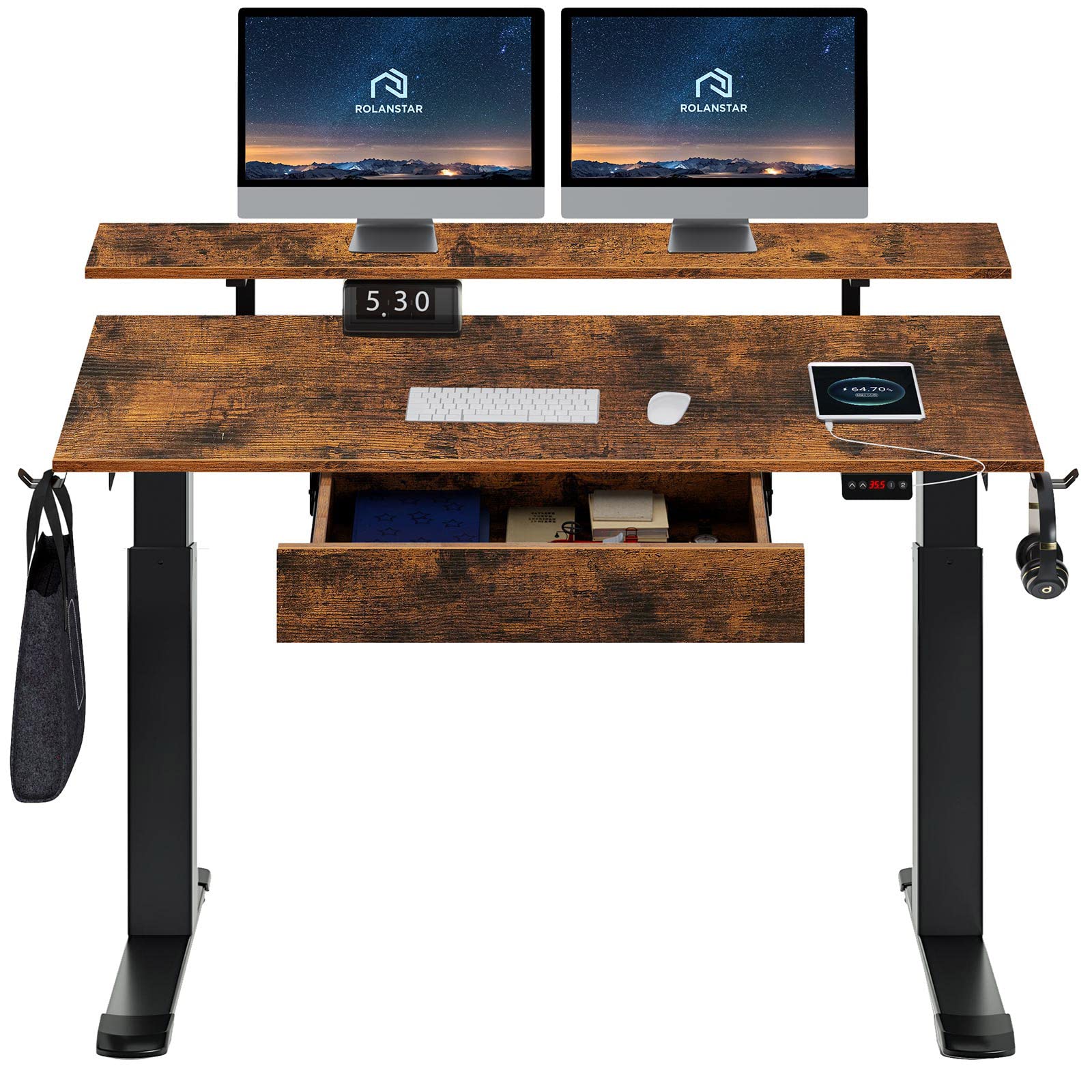 Rolanstar Standing Desk Dual Motor with USB Charging Ports, 47" Adjustable Height Desk with Drawer and Monitor Shelf, Electric Standing Desk wi...