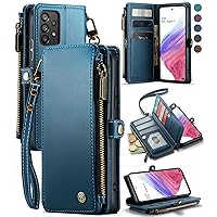 Defencase for Samsung Galaxy A53 5G Case, 【RFID Blocking】 for Samsung A53 5G Case Wallet for Women Men, PU Leather Magnetic Flip Strap Zipper Card Holder Phone Case for Galaxy A53 5G, Lake Blue