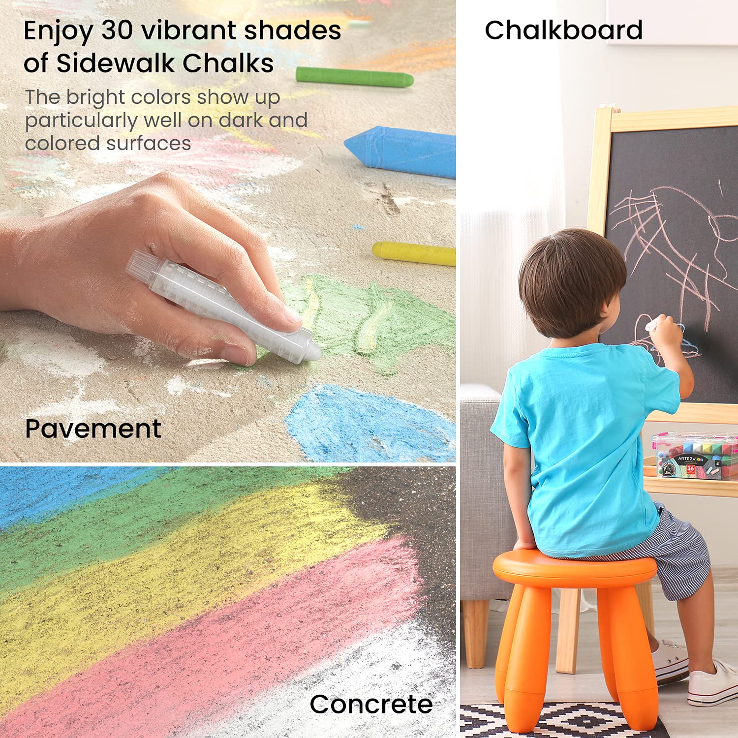 Arteza Kids Sidewalk Chalk, Set of 36 Pieces, Easy-to-Hold Handmade Washable Chalk with a Game Guide, Art Supplies for Outdoors, Spring and Summer Activities, and Chalkboard Art