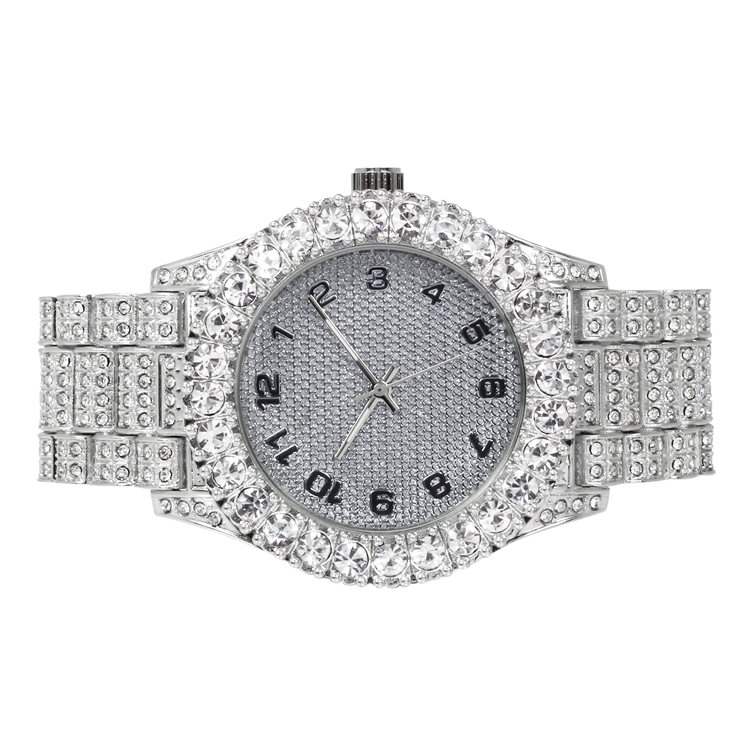 Luxury Mens 44mm Iced Diamond Solitaire Watch - Stunning Bling Dial & Bezel with Ravishing Crystals - 14k Gold, Silver, & Two-Tone Finish - Choose Numeral or Roman Dial - Watch, Bracelet & Chain Sets