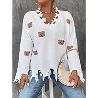 Casual Ladies Comfortable Plus Size Sweater Plus Bear Pattern Drop Shoulder Distressed Sweater Leisure Perfect Comfortable Eye-catching (Color : White, Size : X-Large)