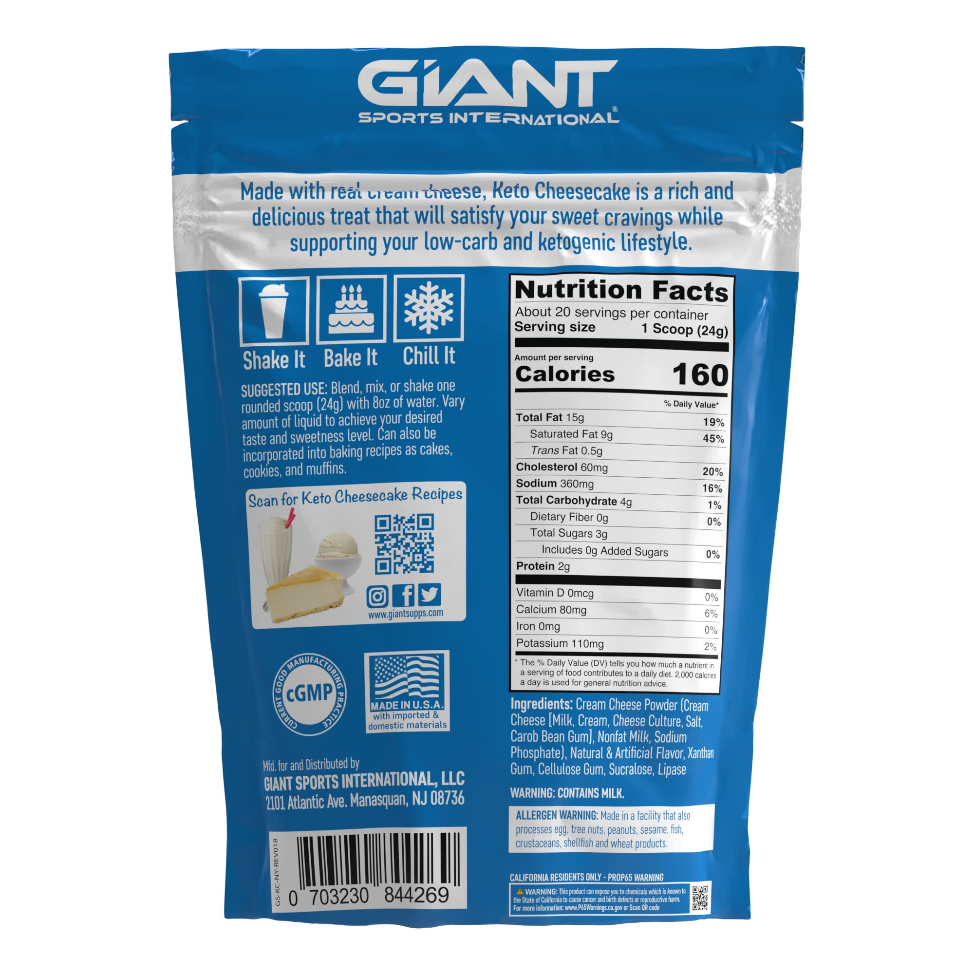 Giant Sports Keto Cheesecake Shake Mix - Delicious Low Carb, Ketogenic Diet Gluten Free Powder Mix - Meal Replacement - Works Great with Almond Milk - New York Style (20 Serving Bag)