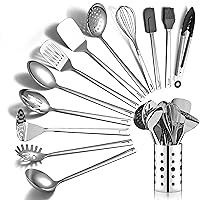 Evanda Kitchen Tools Set of 13 Stainless Steel Cookware Kitchen Utensils Baking Utensils Turner Ladle Pasta Shovel Spatula Slotted Ladle Tongs Whisk Brush Turner Slotted Spoon Solid Spoon Masher with
