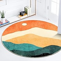 Abstract Round Rug 3ft, Faux Wool Soft Throw Area Rugs, Washable Farmhouse Small Circle Rug, Floor Low Pile Mats for Bedroom Bathroom Laundry Room Nursery Decor