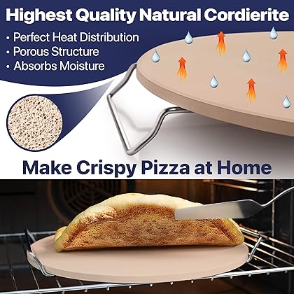 KitchenStar Pizza Stone 16 inch with Handles (Large) - Cordierite Baking Stone Set with Metal Rack & Plastic Scraper - High Temperature Resistant Ceramic Pizza Stones for Oven, Grill or Smoker