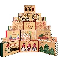 POPGIFTU 18 Kraft Christmas Boxes with Lids for Gifts(4 Sizes and 18 Designs), Xmas Gift Wrap Boxes Bulk Set with Tag Stickers for Holiday Present Wrapping