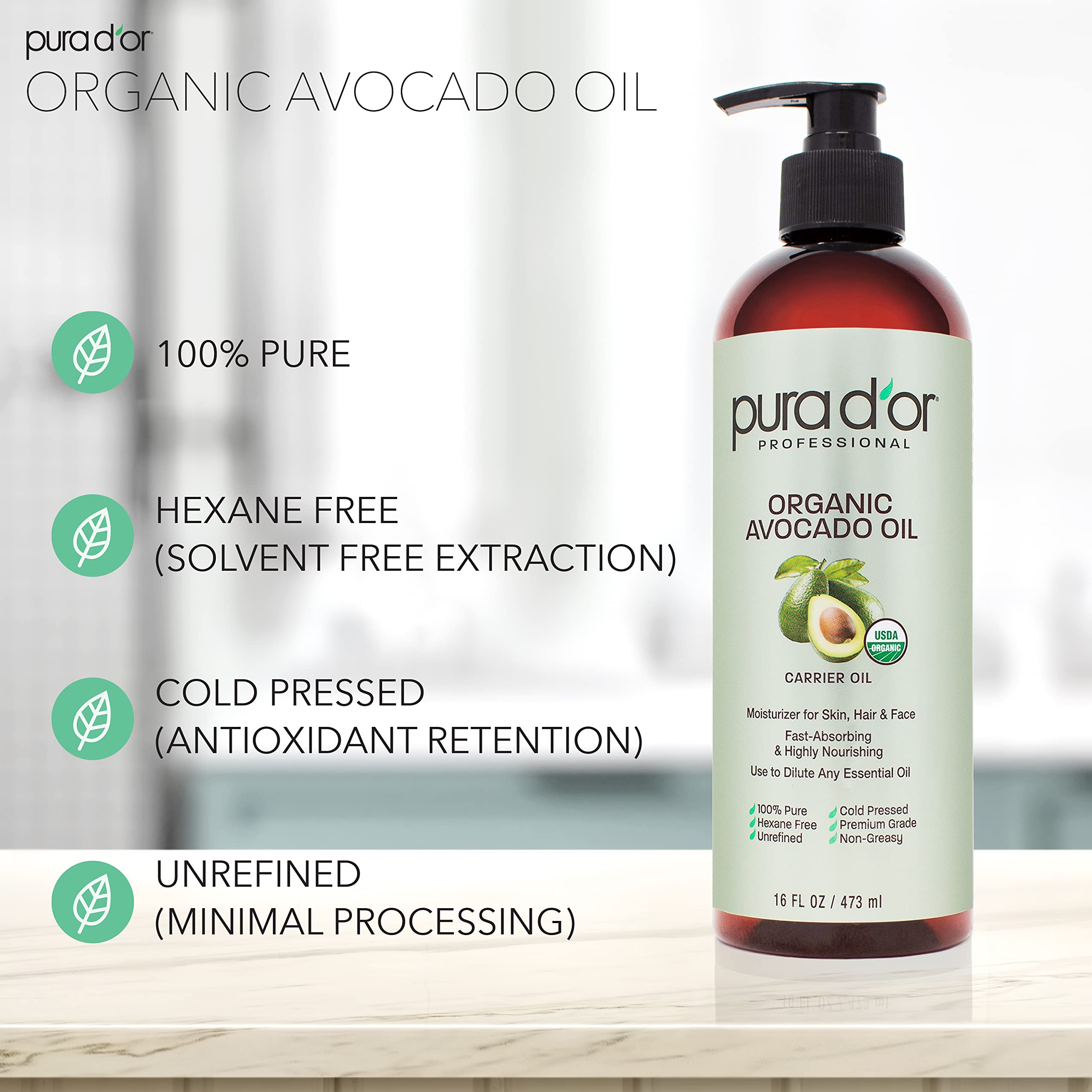 PURA D'OR Organic Avocado Oil, 100% Pure USDA Certified Natural, Cold Pressed Carrier Oil, Nutrients & Antioxidants, Hydrating & Nourishing for Full Body Massage, Hair, Skin & Face, 16oz