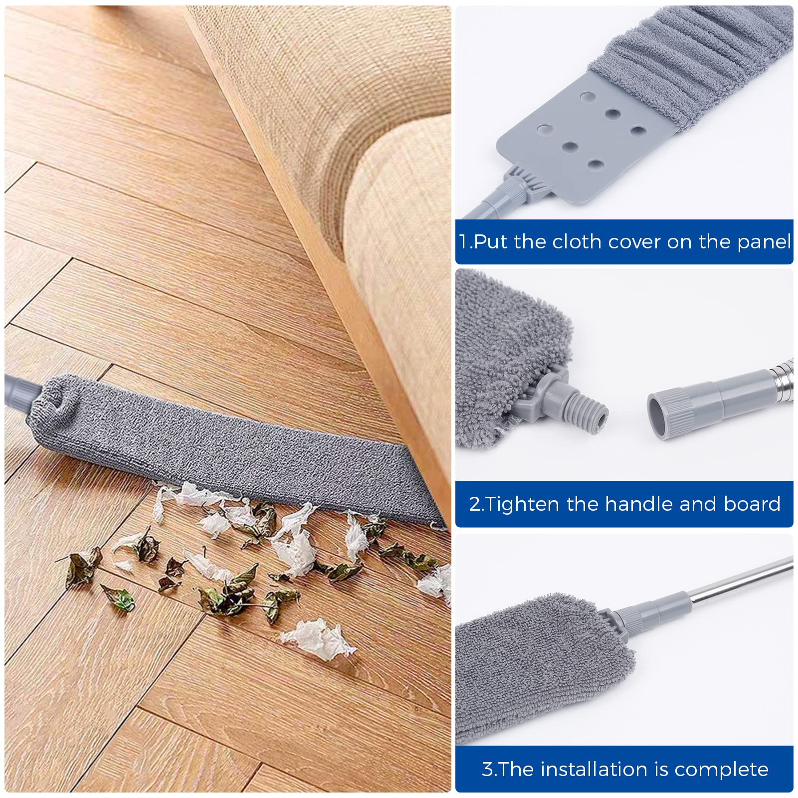 Retractable Gap Dust Cleaner Cleaning Tools with 2 Microfiber Dusting Cloths Long Handle 60inches Washable and Retractable Duster Brush for Cleaning Under Appliances Furniture Couch Fridge