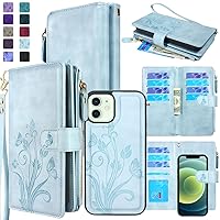 Compatible with iPhone 12/12 Pro 6.1 inch Case [12 Card Slots] ID Credit Cash Holder Zipper Pocket Detachable Magnet Leather Wallet Cover Wrist Strap Lanyard (Floral Sky Blue)