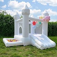 White Bounce House, Castle Theme Kids Inflatable Trampoline with UL Blower, Durable and Easy to Set up, Safe and Fun for Active Kids.