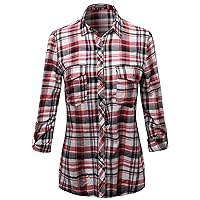 Women's Cotton Plaid Long Roll Up Sleeves Chest Pocket Button Closure Shirt