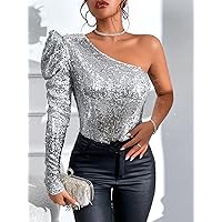Women's Tops Sexy Tops for Women Women's Shirts One Shoulder Gigot Sleeve Sequin Blouse (Color : Silver, Size : X-Small)