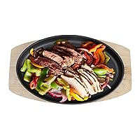 Lot45 Cast Iron Fajita Sizzling Pan- 10in Hot Dish Sizzling Plate Serving Platter with Wooden Base Plate, Steak Skillet