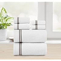 Chic Home Premium 6-Piece 100% Pure Turkish Cotton White Towel Set - 2 Bath Towels, 2 Hand Towels, 2 Washcloths, Hypoallergenic, Durable, Oeko-TEX Standard 100 Certified, Taupe Striped Hem