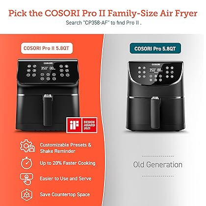 COSORI Pro Air Fryer Oven Combo, 5.8QT Max Xl Large Cooker with 100 Recipes, One-Touch Screen with 11 Presets and Shake Reminder, Nonstick and Dishwasher-Safe Detachable Square Basket, Black