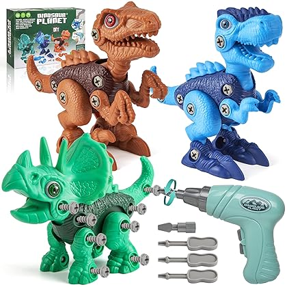 Piestol Dinosaur Toys for 3-5 5-7 Year Old Boys，Take Apart Dinosaur Toys for Kids with Electric Drill，Incl Tyrannosaurus Rex Triceratops Easter Basket Stuffers Gift(3 in 1)
