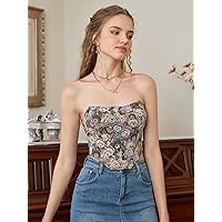 Women's Tops Sexy Tops for Women Women's Shirts Bear Print Hanky Hem Tube Top (Color : Multicolor, Size : X-Small)