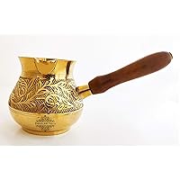 Indian Art Villa Arabic, Turkish Coffee Maker with Wooden Handle, Brass Turkish Kettle, Coffee tea Mug Pourer, Matka Pot Design, Volume - 15 Oz