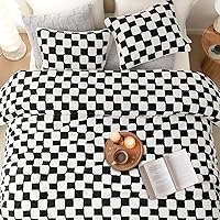 Cozy Bliss Fluffy Queen Comforter Set - Soft Sherpa Comforter, 3pcs Warm Bedding Set with 2 Pillowcases for Winter, Jacquard Checker, Gift for Boys Girls Women Grandkids (Queen, Black White)