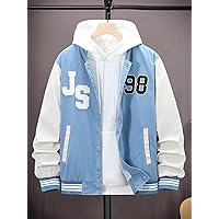 Jackets for Men - Men 1pc Letter Patched Colorblock Striped Trim Bomber Jacket (Color : Blue and White, Size : Small)