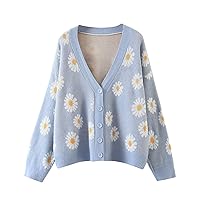 Women Y2K Floral Print Knit Cardigan Sweater Long Sleeve V Neck Button Down Sweater Vintage Aesthetic 90s Outerwear Tops