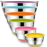 Mixing Bowls with Airtight Lids, 6 Piece Stainless Steel Metal Bowls, Measurement Marks & Colorful Non-Slip Bottoms Size 7, 3.5, 2.5, 2.0,1.5, 1QT, Great for Mixing & Serving