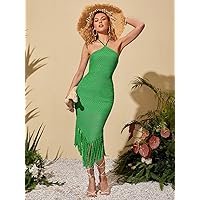 Fall Dresses for Women 2023 Tie Backless Tassel Tie Mesh Halter Dress Dresses for Women (Color : Green, Size : Small)