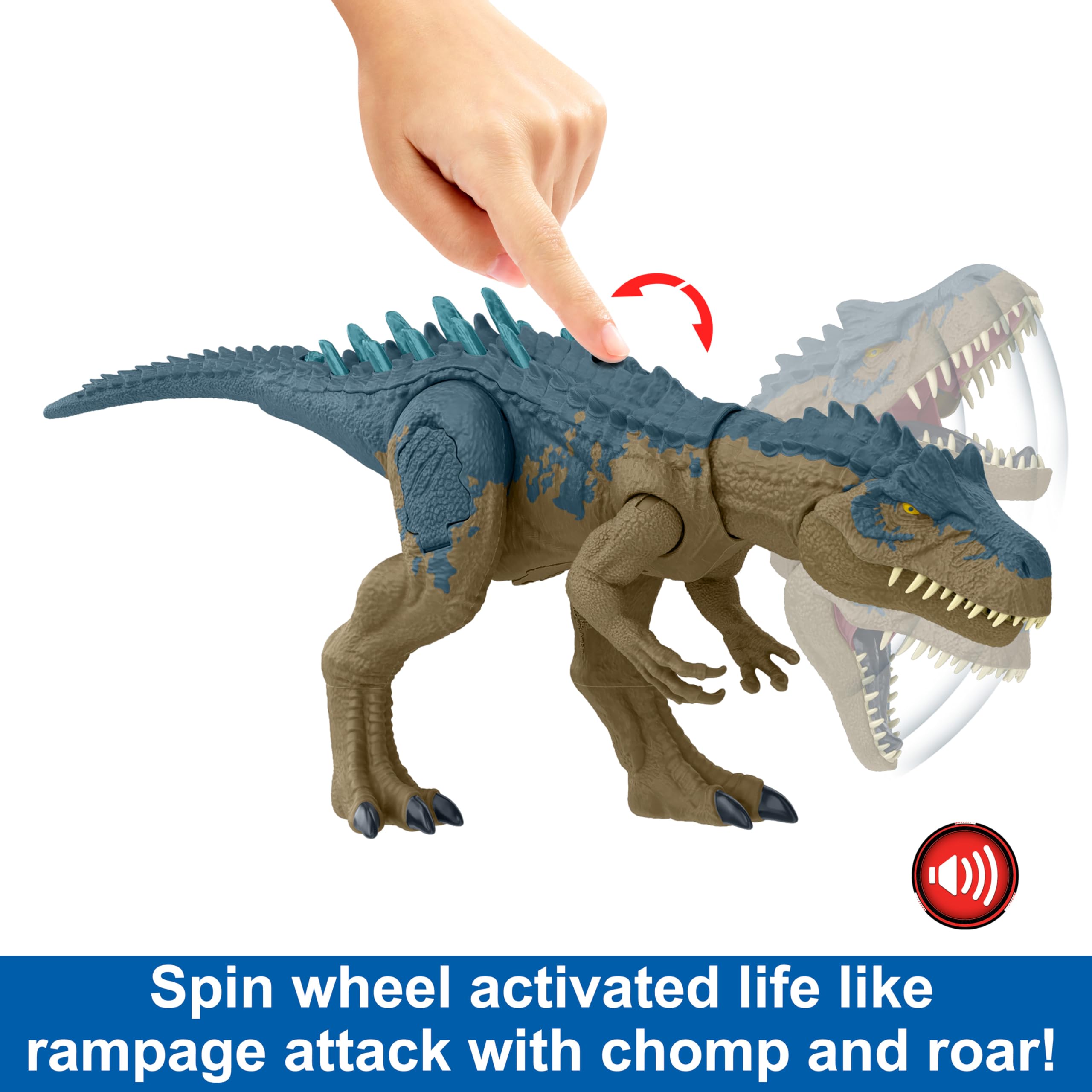 Mattel Jurassic World Ruthless Rampagin Allosaurus Dinosaur Toy, Action Figure with Continuous Chomp Attack & Roar Sounds, Button Activated Evolved Battle Spikes