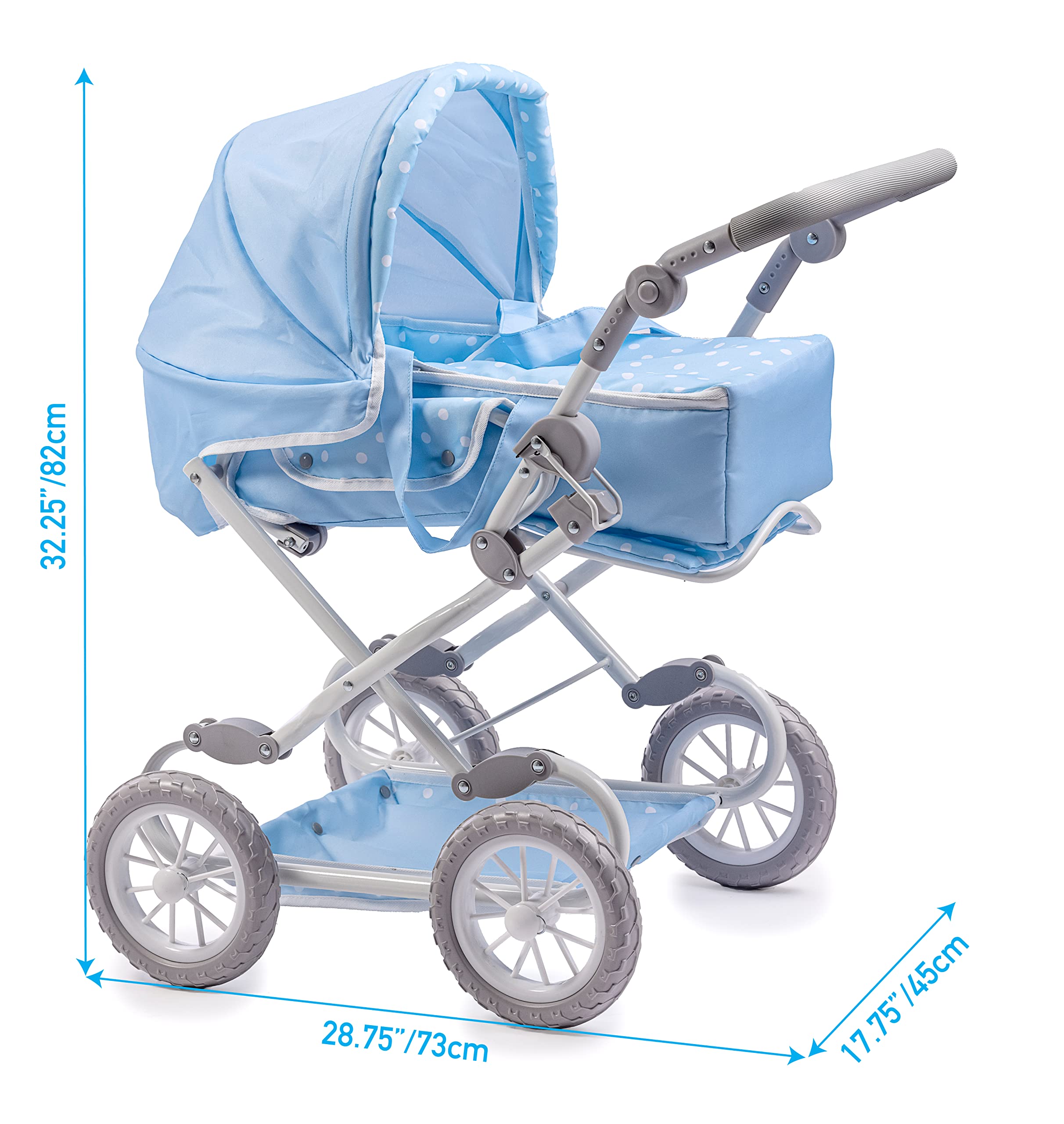 JC Toys | Berenguer Boutique | Deluxe Foldable Baby Doll Stroller with Canopy | Removable Carry Basket | Blue | Ages 3+