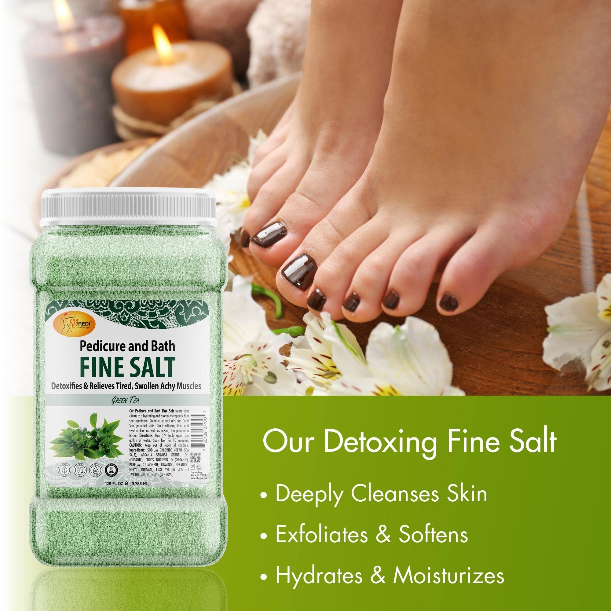SPA REDI - Detox Foot Soak Pedicure and Bath Fine Salt, Green Tea, 128 Oz - Made with Dead Sea Salts, Argan Oil, Coconut Oil, and Essential Oil - Hydrates, Softens and Moisturizes