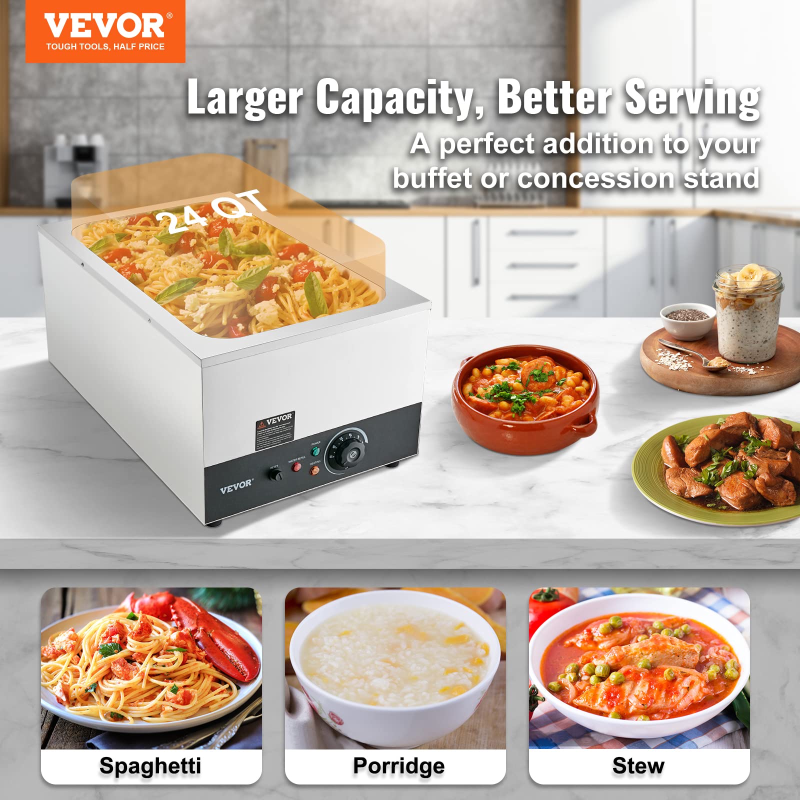 VEVOR Commercial Food Warmer 24QT Bain Marie 1200W Electric Buffet Warmer Steam Table Food Warmer Countertop Stainless Steel Food Warmer Wet or Dry Use for Parties, Catering and Restaurant