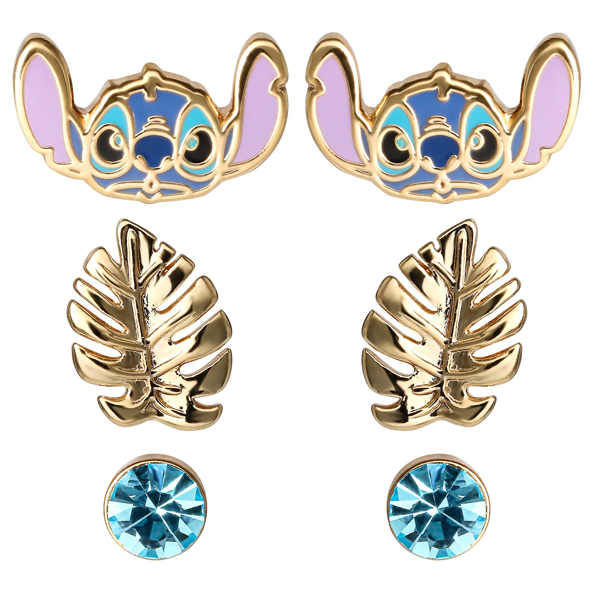 Disney Lilo and Stitch Jewelry for Girls Yellow Gold Plated Crystal Stud Earring Set, 3 Pairs, Officially Licensed