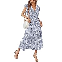 Womens Summer Dress 2024 Casual Maxi Floral Boho V Neck Wrap Short Sleeve Belted Ruffle Hem A-Line Long Dresses