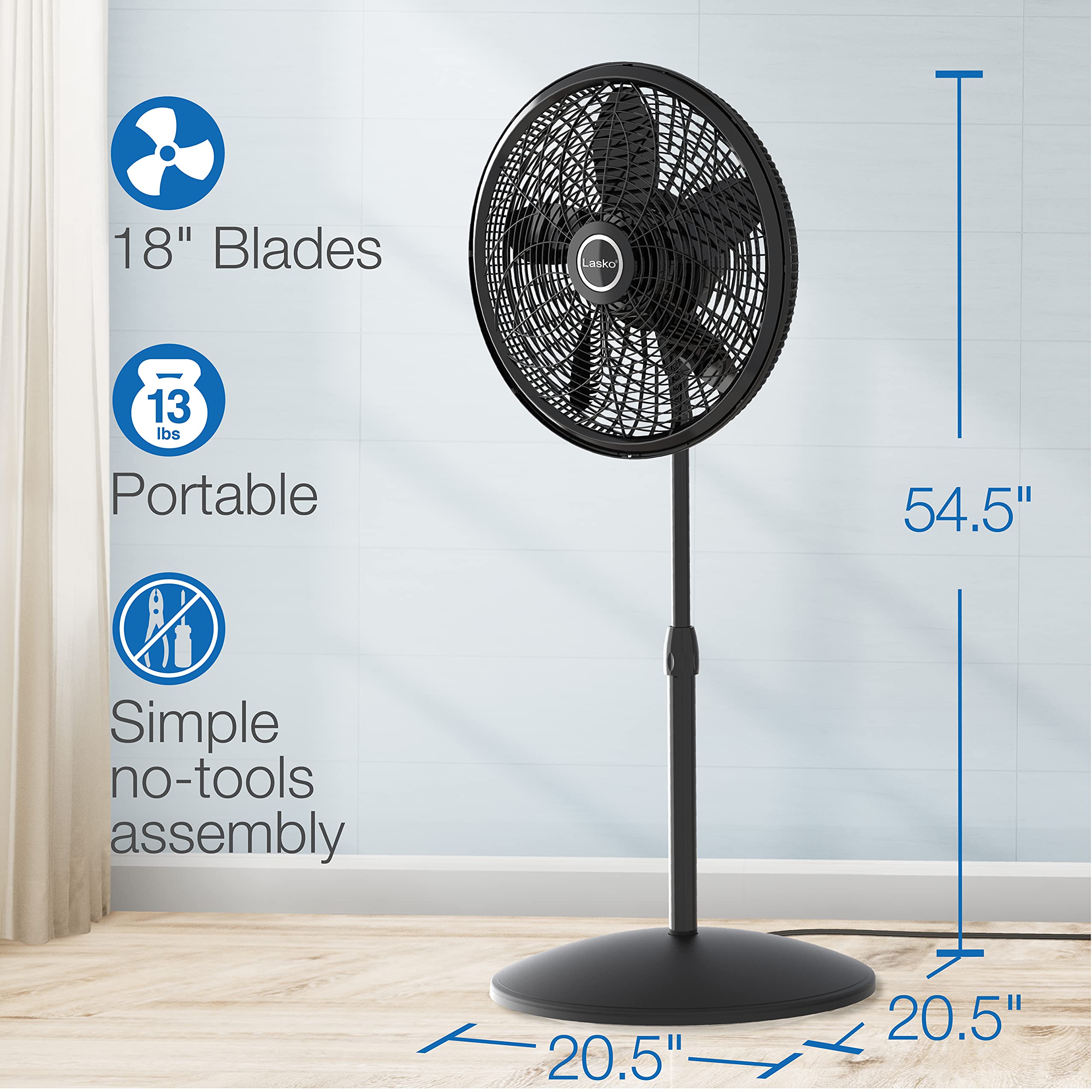 Lasko Oscillating Pedestal Fan, Adjustable Height, 3 Speeds, for Bedroom, Living Room, Home Office and College Dorm Room, 18