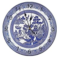 Blue Delft Porcelain Background Wall Clock Farmhouse Kitchen Decor Silent Non-Ticking Wooden Wall Clocks Battery Operated Rustic Decorative for Bedroom Bathroom Living Room 10 Inch