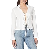 [BLANKNYC] Womens Luxury Clothing Lace Up Bell Sleeve Shirt, Comfortable & Stylish, Skim Milk, Large