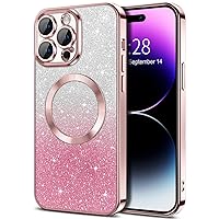 Hython for iPhone 14 Pro Case Clear Magnetic Glitter Phone Cases [Compatible with MagSafe] Full Camera Lens Protector Slim Gradient Sparkle Luxury Plating Shockproof Protective Cover Women, Pink