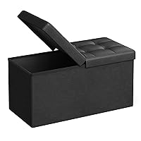 SONGMICS 30 Inches Folding Storage Ottoman Bench with Flipping Lid, Storage Chest Footstool, Faux Leather, Black ULSF45BK,15 × 30 × 15 inches