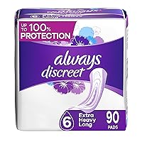 Always Discreet Adult Extra Heavy Long Incontinence Pads, Up to 100% Leak-Free Protection, 45 Count x 2 Packs (90 Count total) (Packaging May Vary)