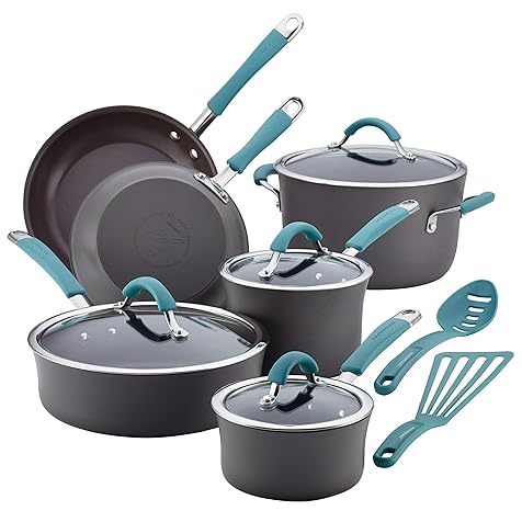 Cucina Hard Anodized Nonstick Cookware Pots and Pans Set, 12 Piece, Gray with Blue Handles