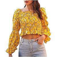 Womens Smocked Square Neck Lantern Sleeve Crop Blouses Summer Ruffle Trim Fashion Casual Slim Fit Boho Shirt Tops