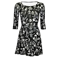 Insanity Mono Skeleton Skulls Anatomy Bones Ribcage Heart Print 3/4 Sleeve Skater Dress